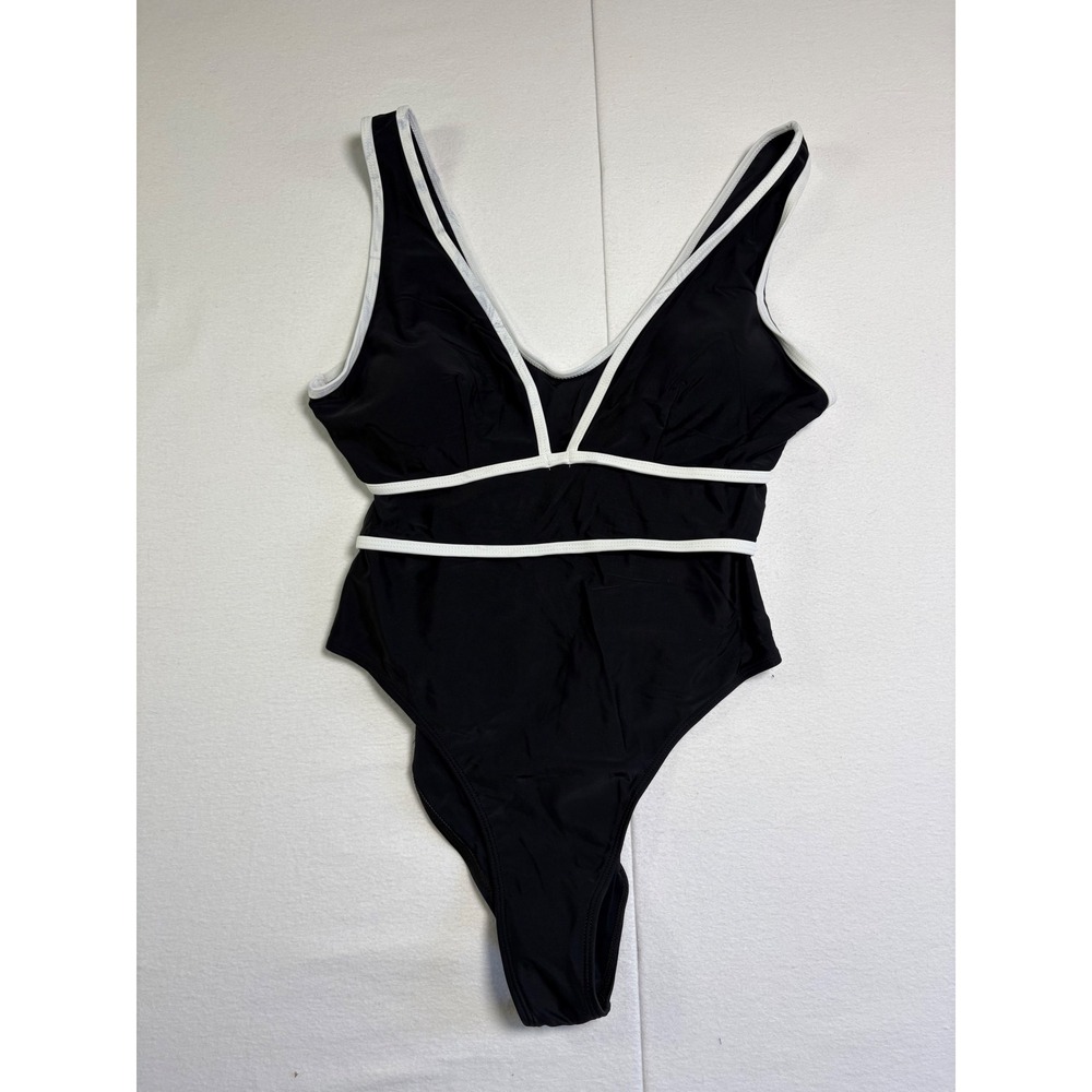 Womens Black White Contrast Piping V-Neck One Piece Swimsuit‎ High Cut Large